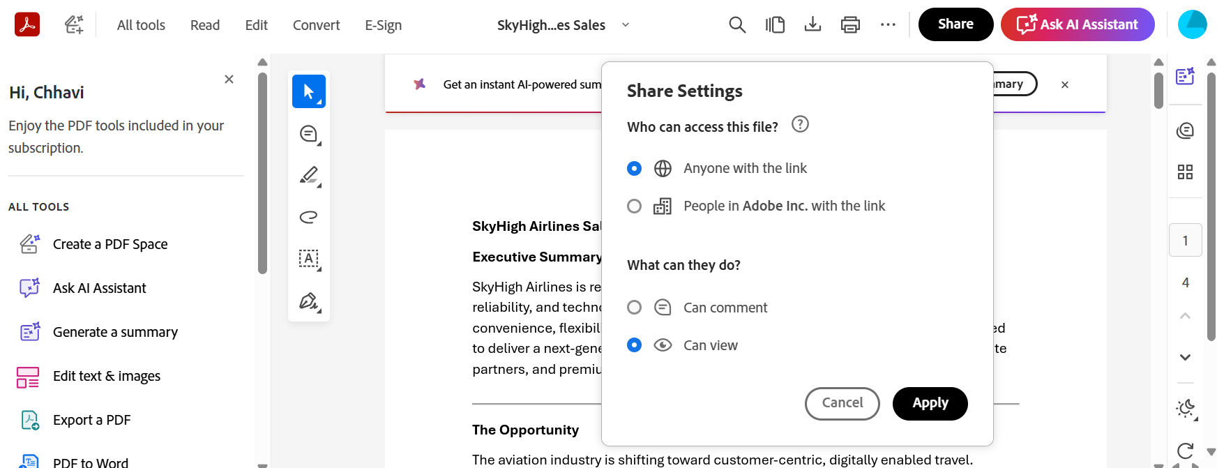 Adobe Acrobat interface displaying a contract document with the Share panel open on the right, showing options such as WhatsApp, Microsoft Outlook, Microsoft Teams, Gmail, and a link-sharing option.