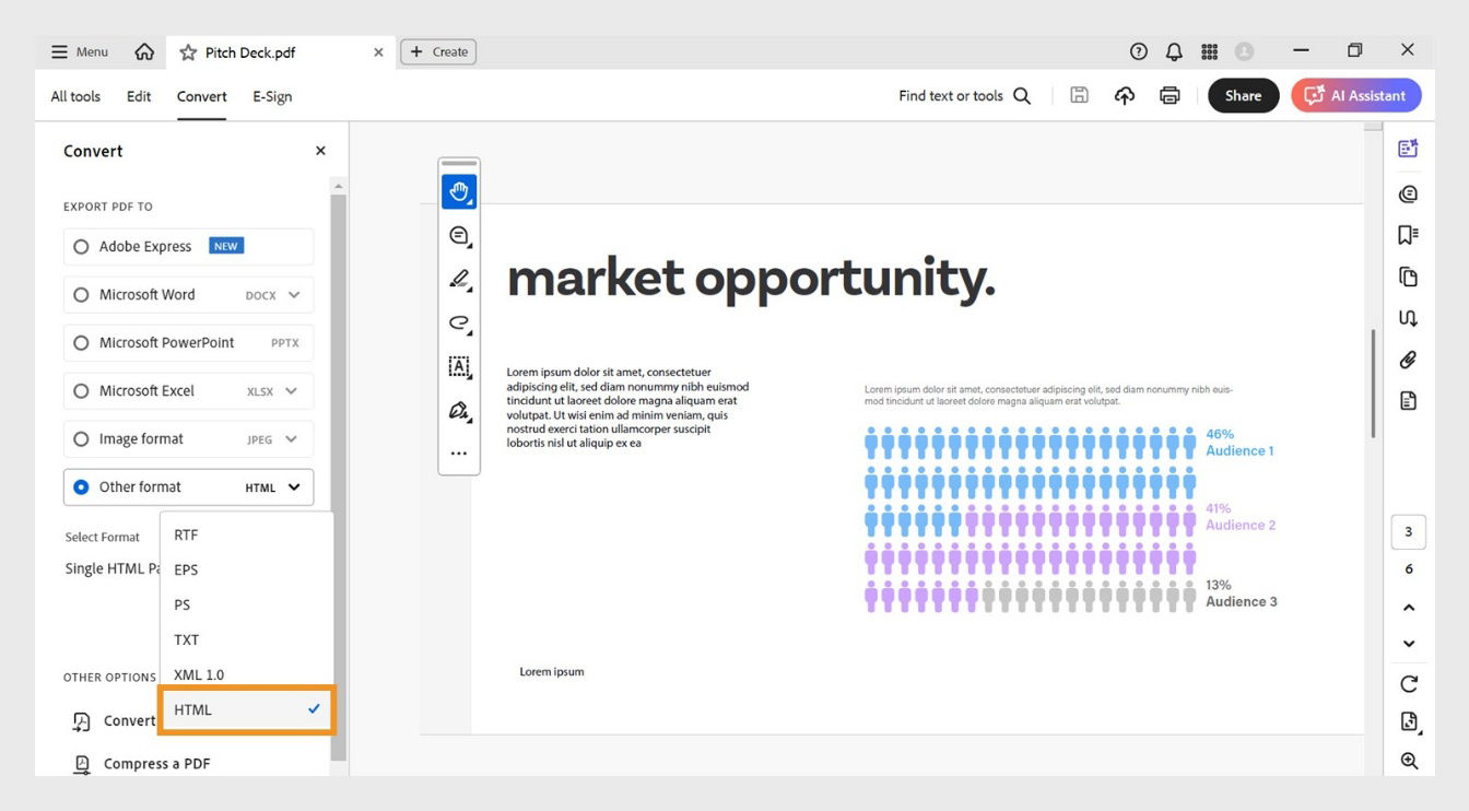 The Convert panel displays HTML option selected in the Other format drop-down menu.