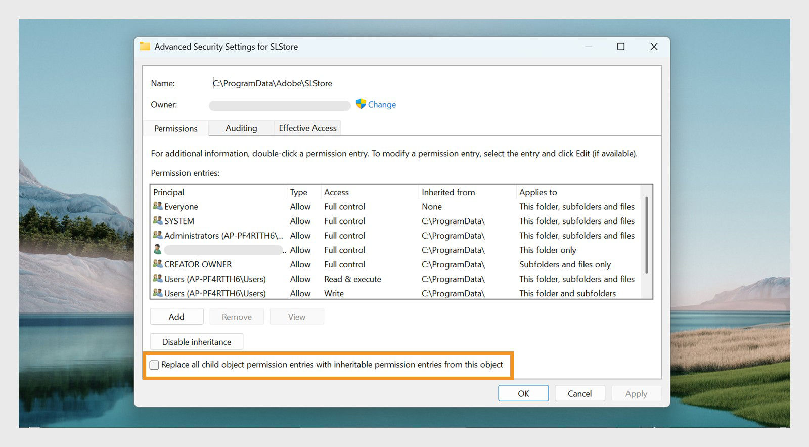 The Advanced Security Settings window for SLStore displays the option to replace all child object permission entries with inheritable permission entries from this object.