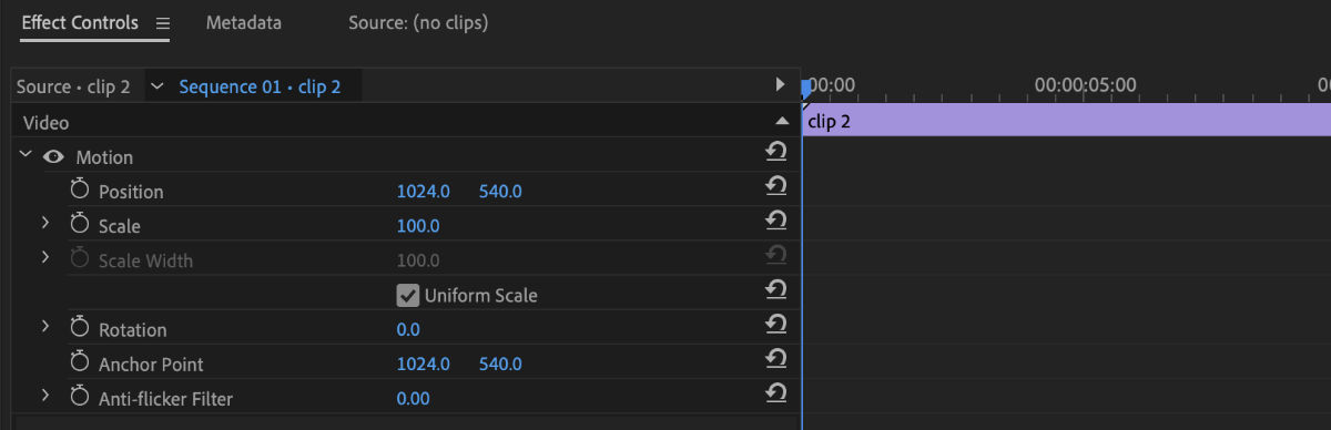 The Motion Effect in the Effect Controls panel allows you to tweak the position, scale, and rotation