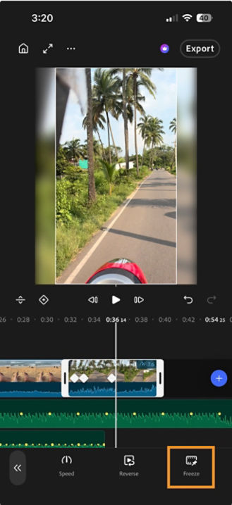 A clip on the timeline, with the Freeze button highlighted in the toolbar.
