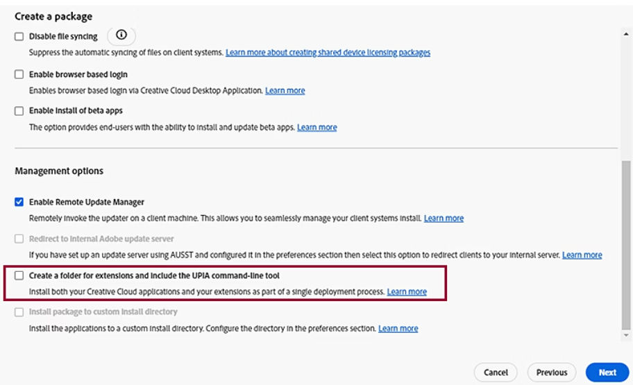 Create a package dialog box with the Create a folder for extensions and include the UPIA command-line tool option selected.