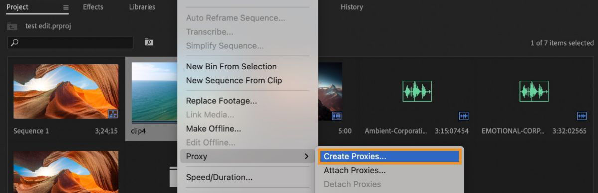 A screenshot that shows the Create Proxies option selected from the Project panel menu.