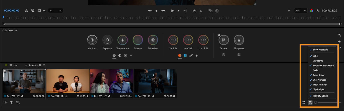 Menu showing metadata display options and thumbnail frame selection in the Clip Grid.