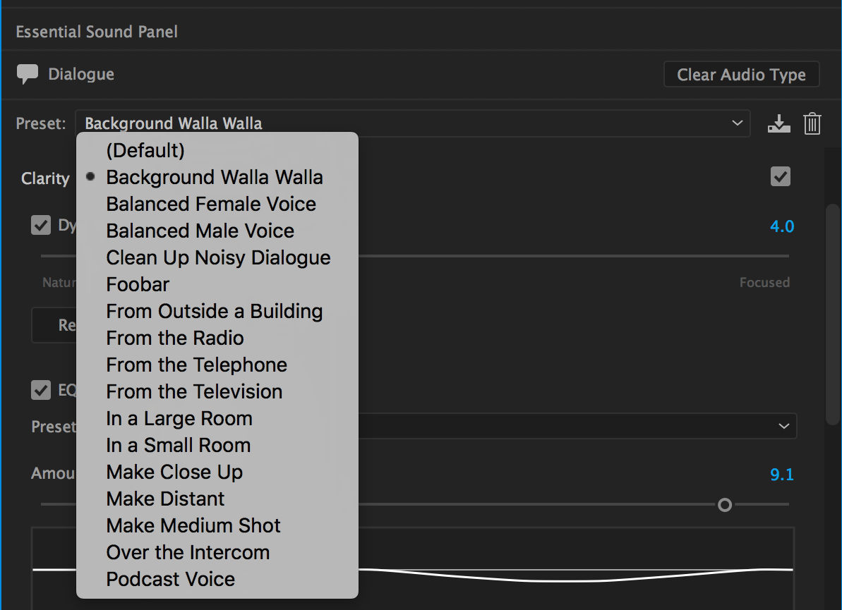 Screenshot of the available presets for Dialogue in the Essential Sound panel.