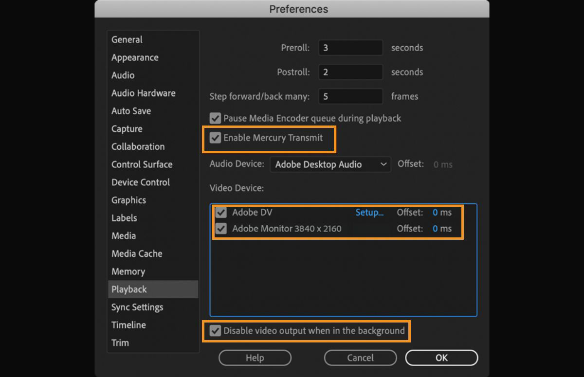 Screenshot showing the Playback preferences with Enable Mercury Transmit, Video Device tab, and Disable video output when in the background options highlighted.