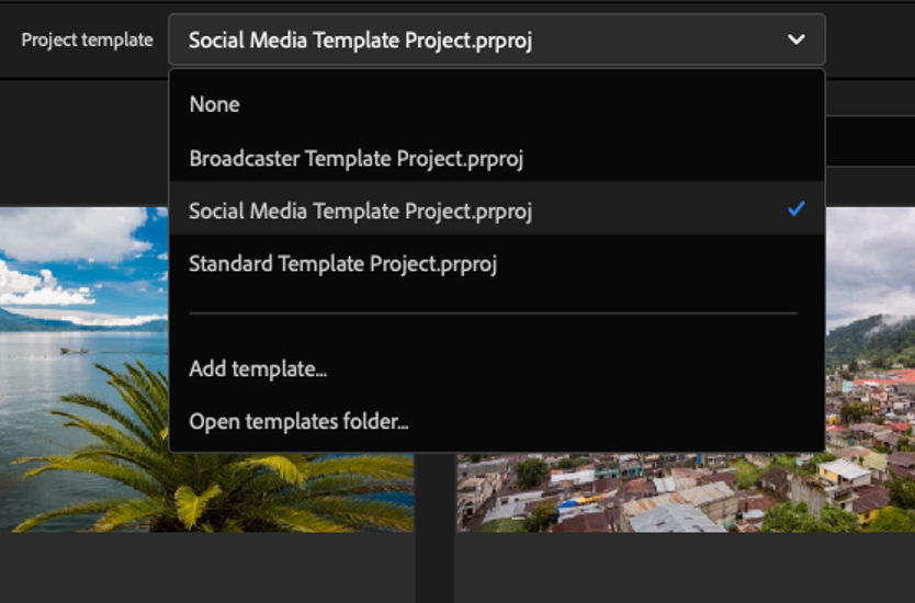 The Project template that has the dropdown menu open with the template options to choose from.