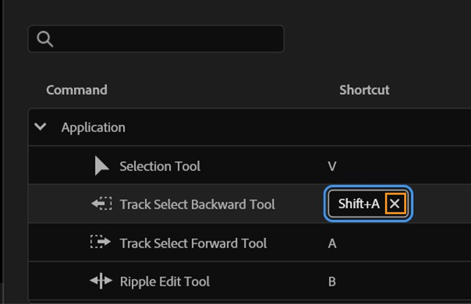 The panel shows that Shift+A is currently assigned to the Track Select Backward Tool, and you can click X to remove the shortcut.