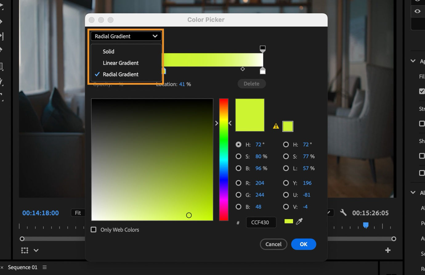  The Color Picker open to customize the gradient stop color and gradient options with Radial Gradient selected.