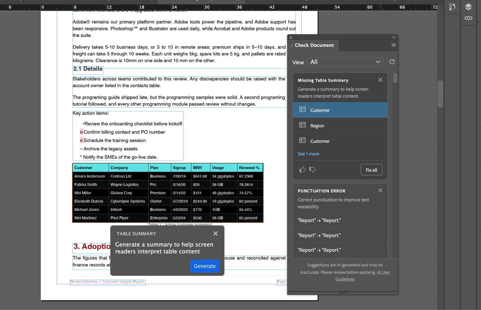 Check Document panel with a selected table and an option to generate a table summary.