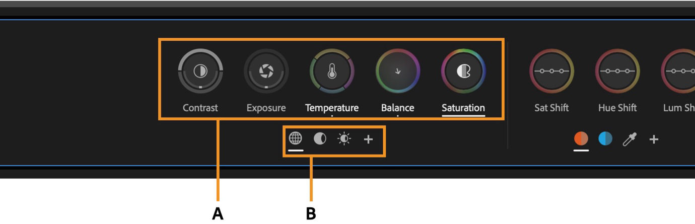 Color & Contrast controls with zone buttons for global, shadow, and highlight adjustments.