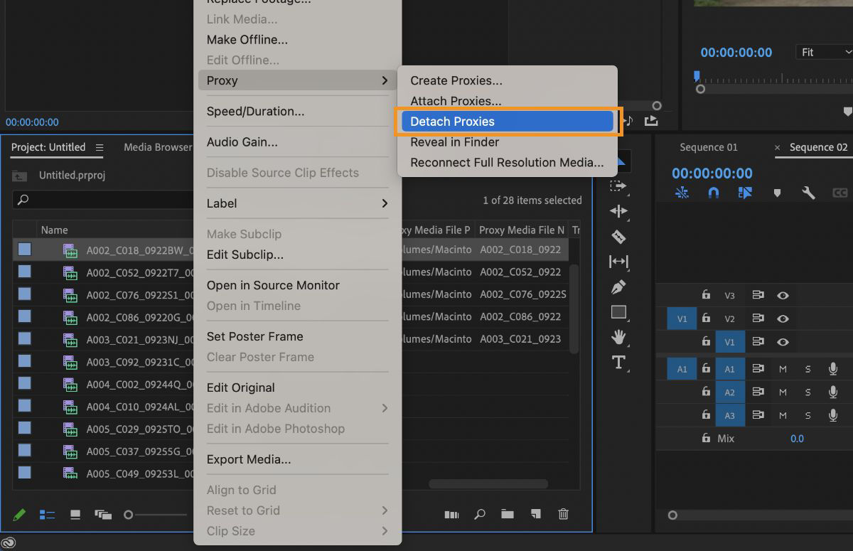 The context menu is open of the Project panel is open and from the Proxies option, Detach Proxies is selected.