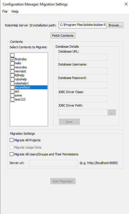 RoboHelp Server Migration settings