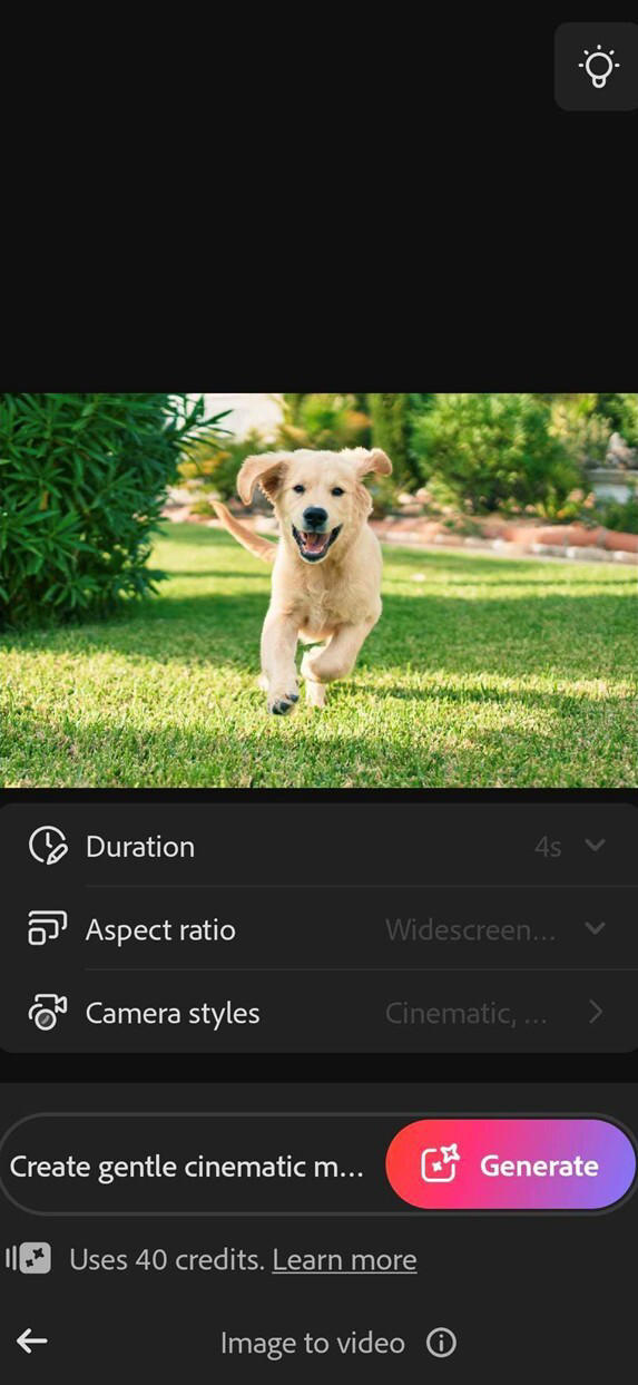 The Image to video panel is opened, showcasing options to adjust Duration, Aspect ratio, and Camera styles before generating the video.
