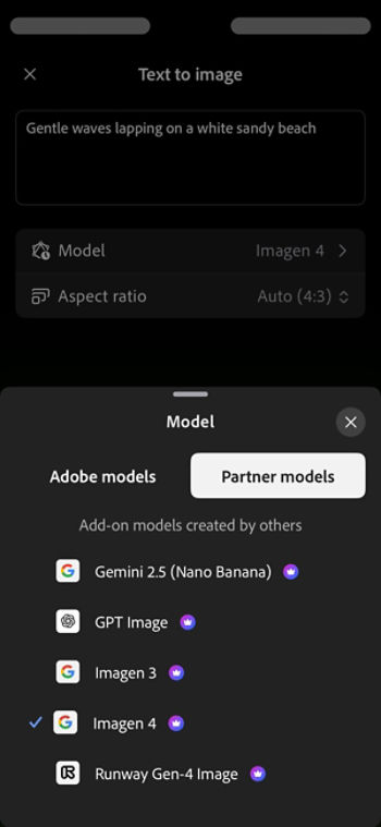 Text to image in Firefly displays the Model menu with Partner models section open and Imagen 4 selected.