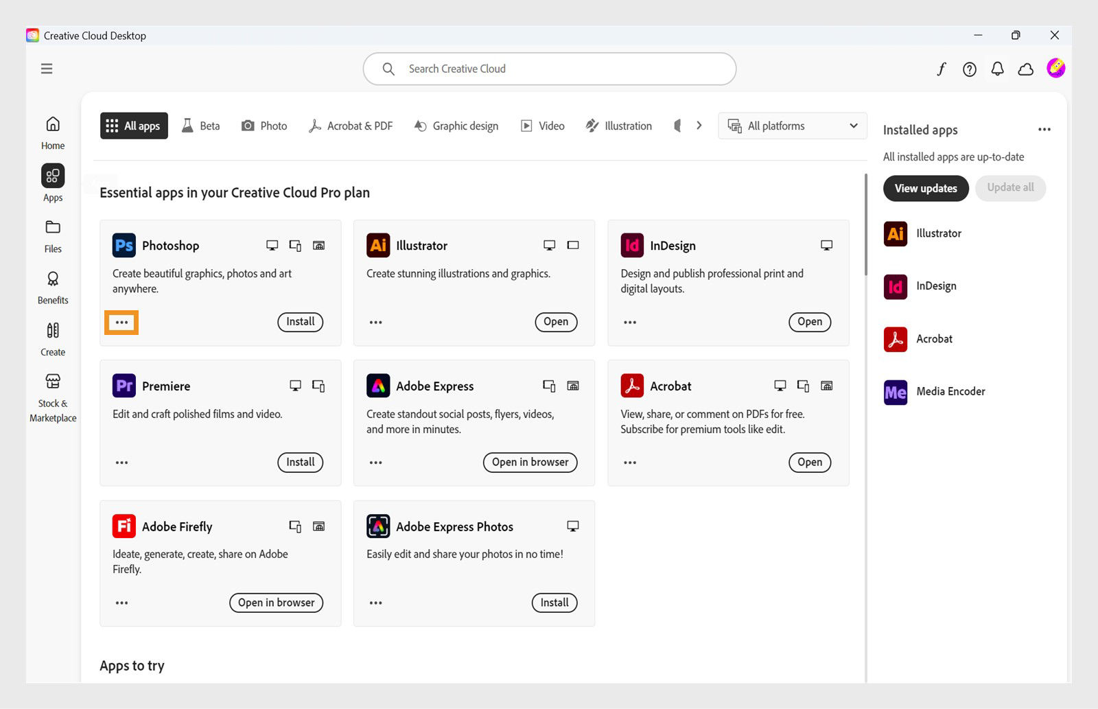 The More actions icon available at the bottom-left corner of the app tile provides the option to download older versions of the app. 