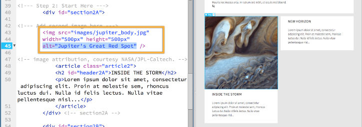 HTML image source tag with added dimension specifications and alt-text