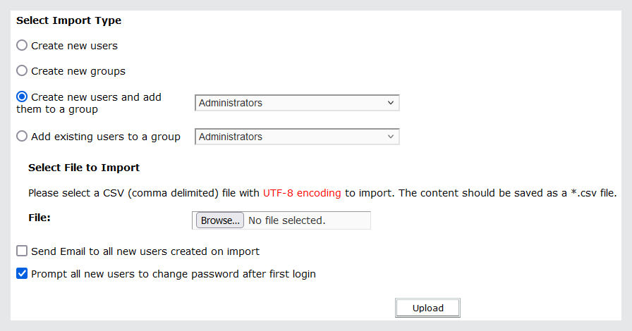 Select bulk import type screen