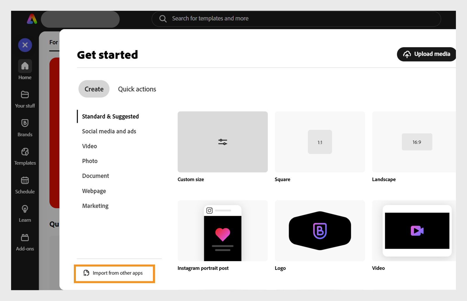 The Get started screen in Adobe Express showing various creation options such as Custom size, Square, Landscape, Instagram portrait post, Logo, and Video. The “Import from other apps” option is highlighted at the bottom left.