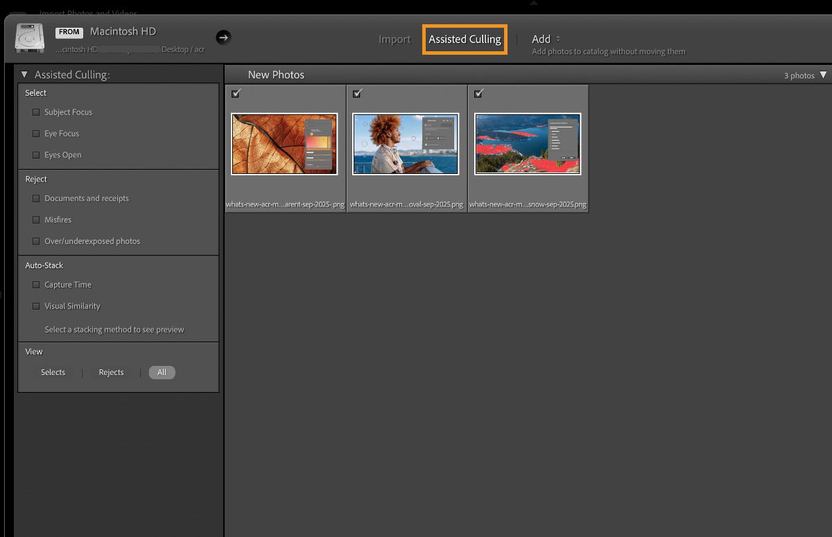 UI of Assisted Culling in Lightroom Classic to sort the best photos from a large set of photos. 