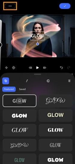 The Premiere mobile editor displays the font styling panel with the More options menu highlighted in orange at the top left.