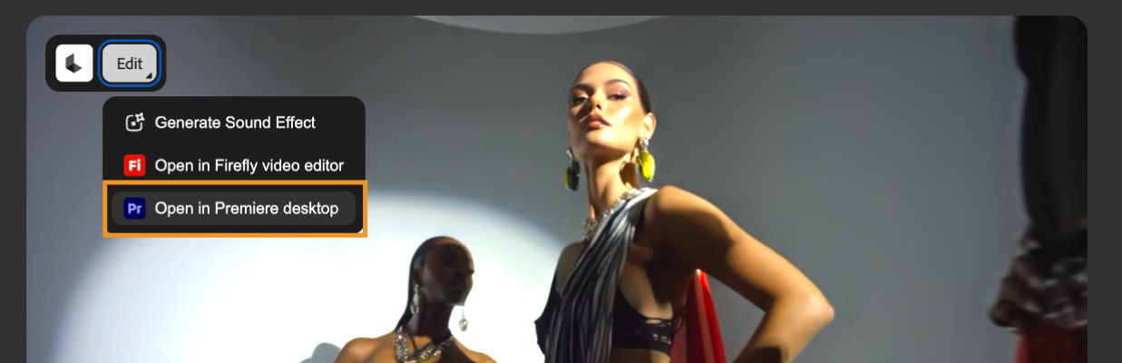 The Edit menu in Firefly with the Open in Premiere desktop option highlighted.