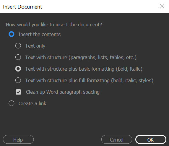 Drag a Word or an Excel document into Dreamweaver