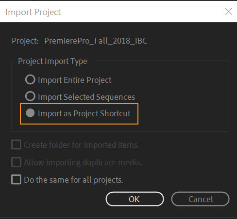 Import a project as a project shortcut