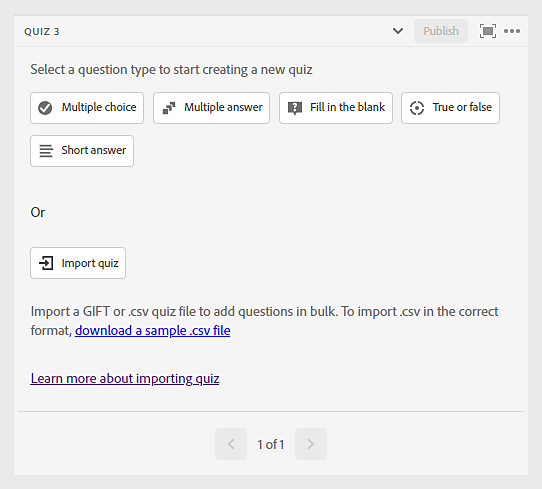 Screenshot of quiz pod showing the import quiz button