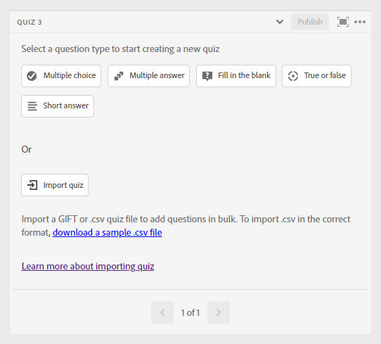 Screenshot of quiz pod showing the import quiz button