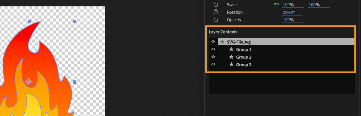 The Properties panel is open and under the Layer Contents, the SVG contents are listed.