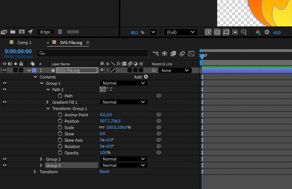 The layer with the SVG file is selected, and the Contents section is expanded to display its properties, including Path, Fill, and Transform.