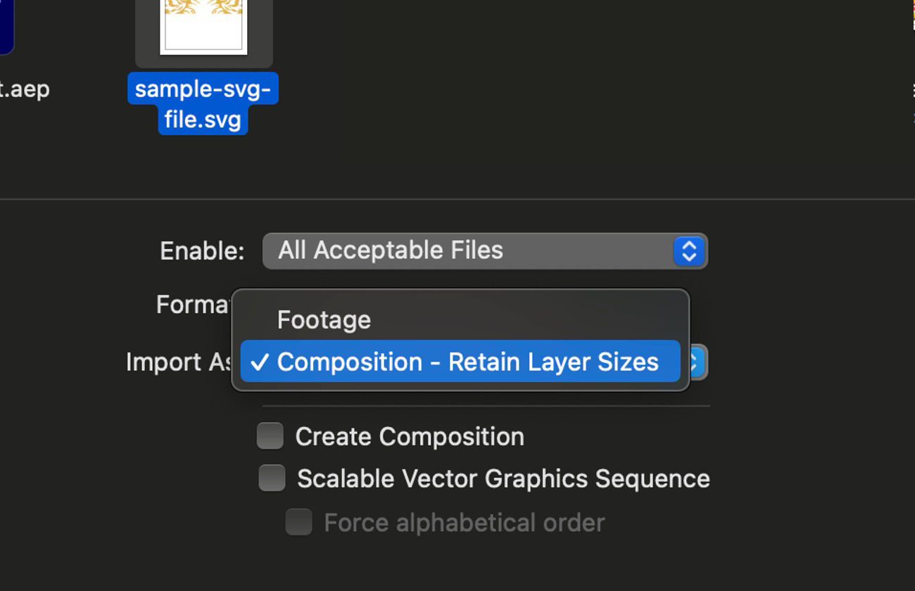 The Import file dialog box is open and there are options to import the file as as footage or as a composition.