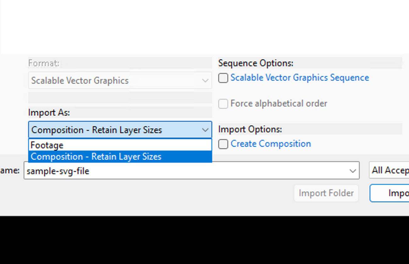 The Import file dialog box is open and there are options to import the file as footage or as a composition.