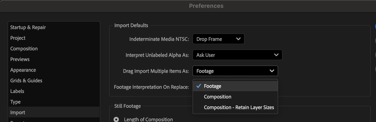 The Preferences dialog box is open. In the Import tab, the Drag Multiple File Items As dropdown menu is open, offering options for selecting the import method.