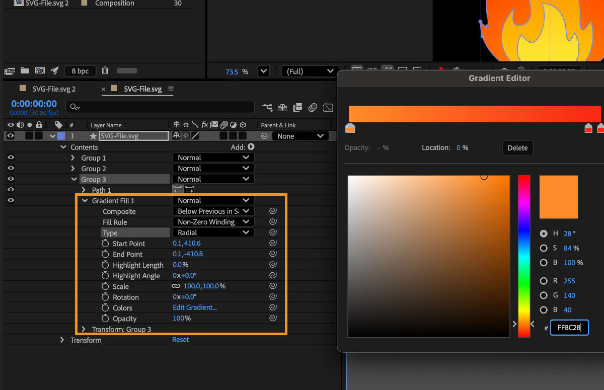 One of the layers with a gradient element is selected, and Gradient Fill 1 is highlighted.
