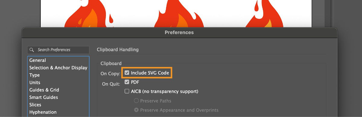 The Preferences dialog box is open in Illustrator and the Includes SVG Code option is selected.