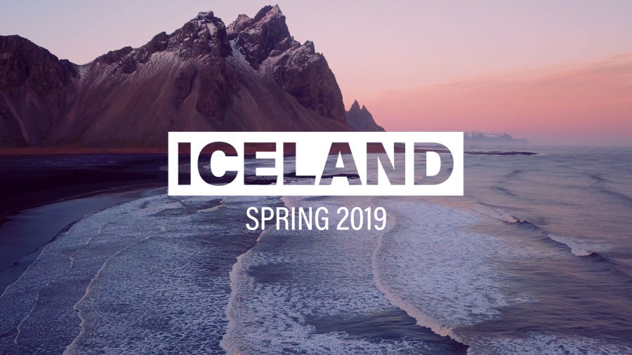 A dramatic landscape image of a shoreline with the title graphic “Iceland, Spring 2019"
