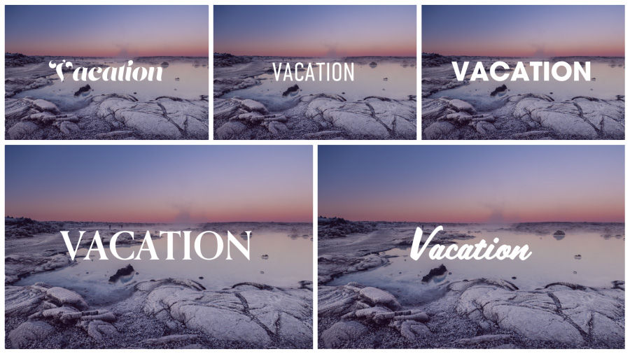 Five copies of an Icelandic landscape image, each with the title graphic “Vacation” in a different font