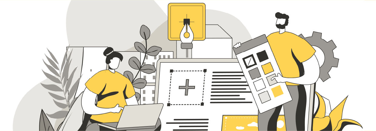 The hero is a visual representation of optimizing operating system, hardware and working on Illustrator effectively with characters working on the system, color themes and outline view