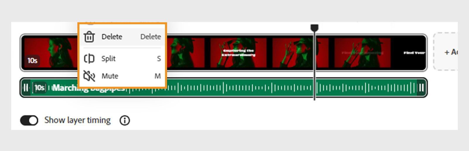 The video sceneline panel displays a green audio track panel with a right-click menu open, showing options to delete, mute, or split the audio track. The audio waveform is visible for the soundtrack.