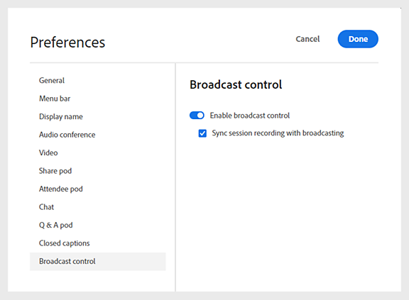 Screenshot of Broadcast Controls in Room Preferences Dialog