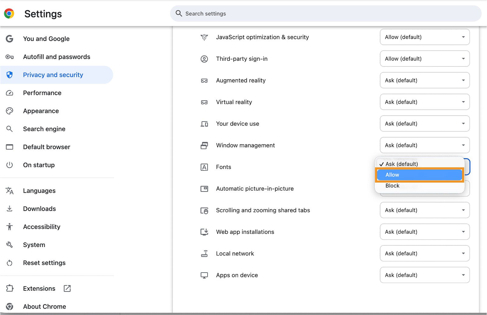 Screenshot of the Chrome settings with the Font permissions highlighted.