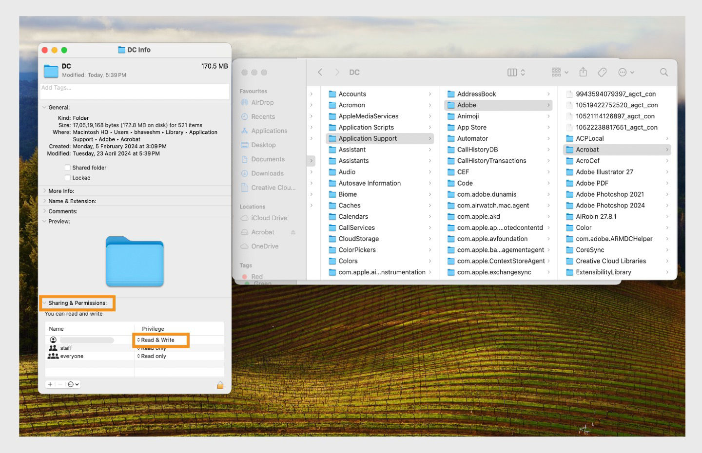 macOS info window displaying highlighted user name and associated privilege.