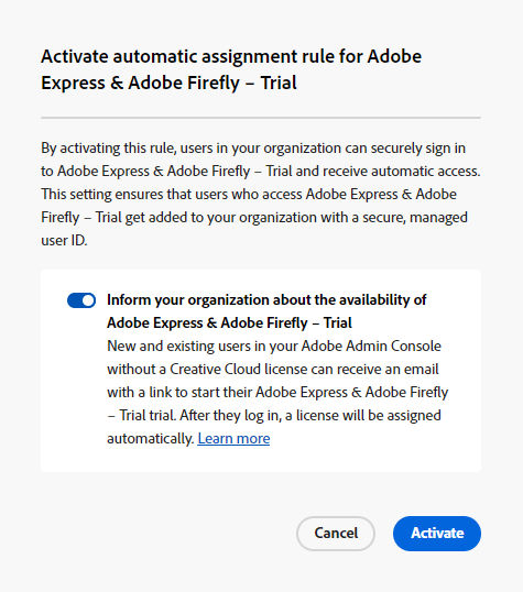 The activate auto assignment rule dialog box with the inform users toggle