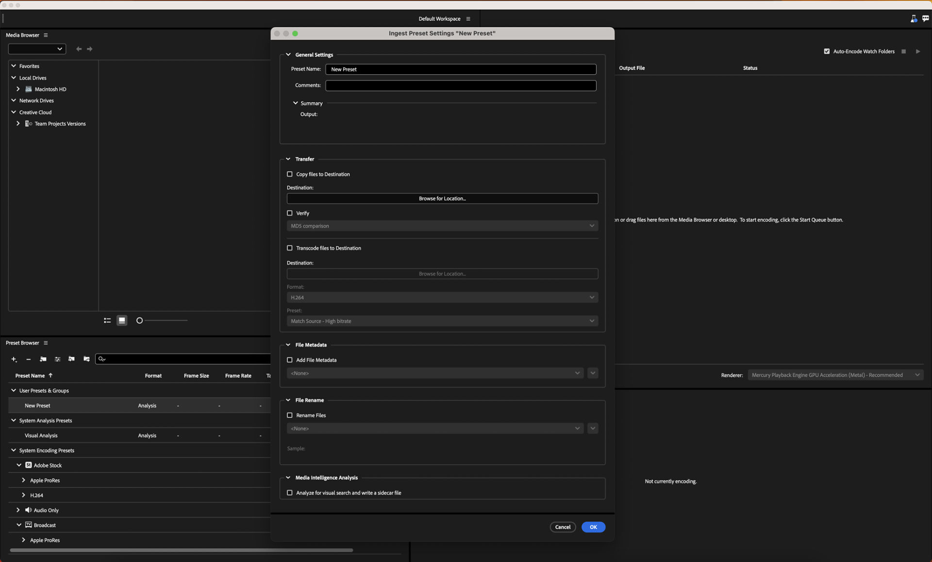 Adobe Media Encoder interface showing various ingest preset settings, for example, transcode, copy, create proxies. 