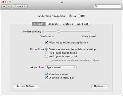 Ink preferences on Mac