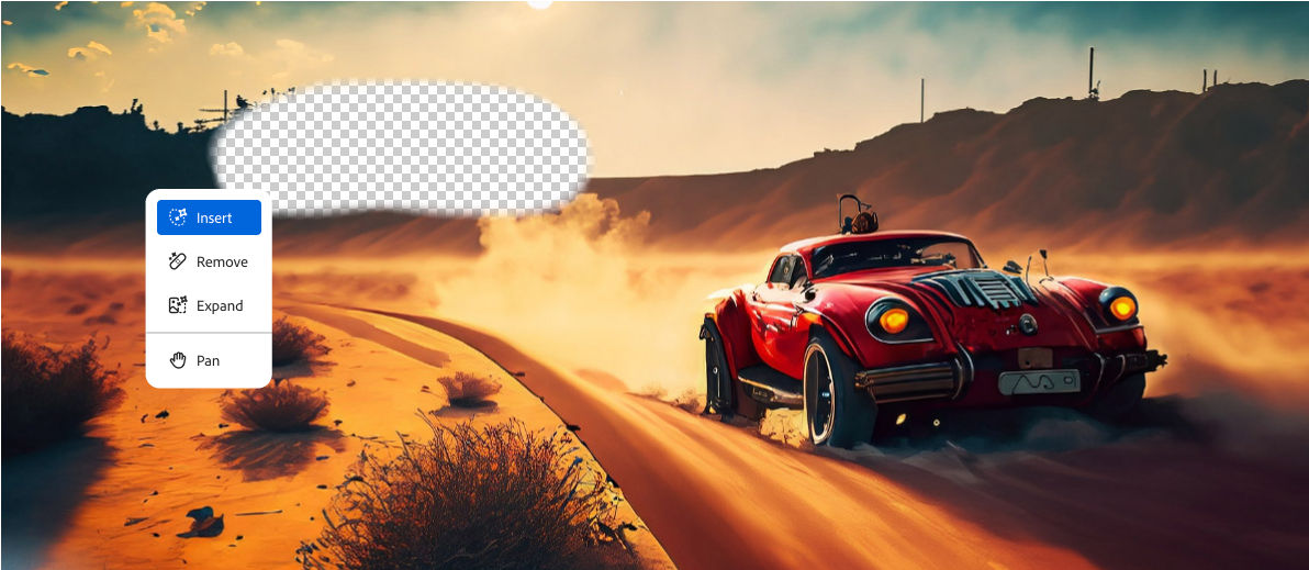 The image shows a red vintage car driving along a road in a desert landscape. The scene features orange-hued sand dunes under a hazy sky, with the sun low on the horizon, suggesting either sunrise or sunset. There is an empty space being prepared to add new elements using Firefly.