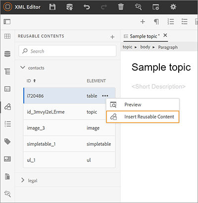 New Reusable Contents panel