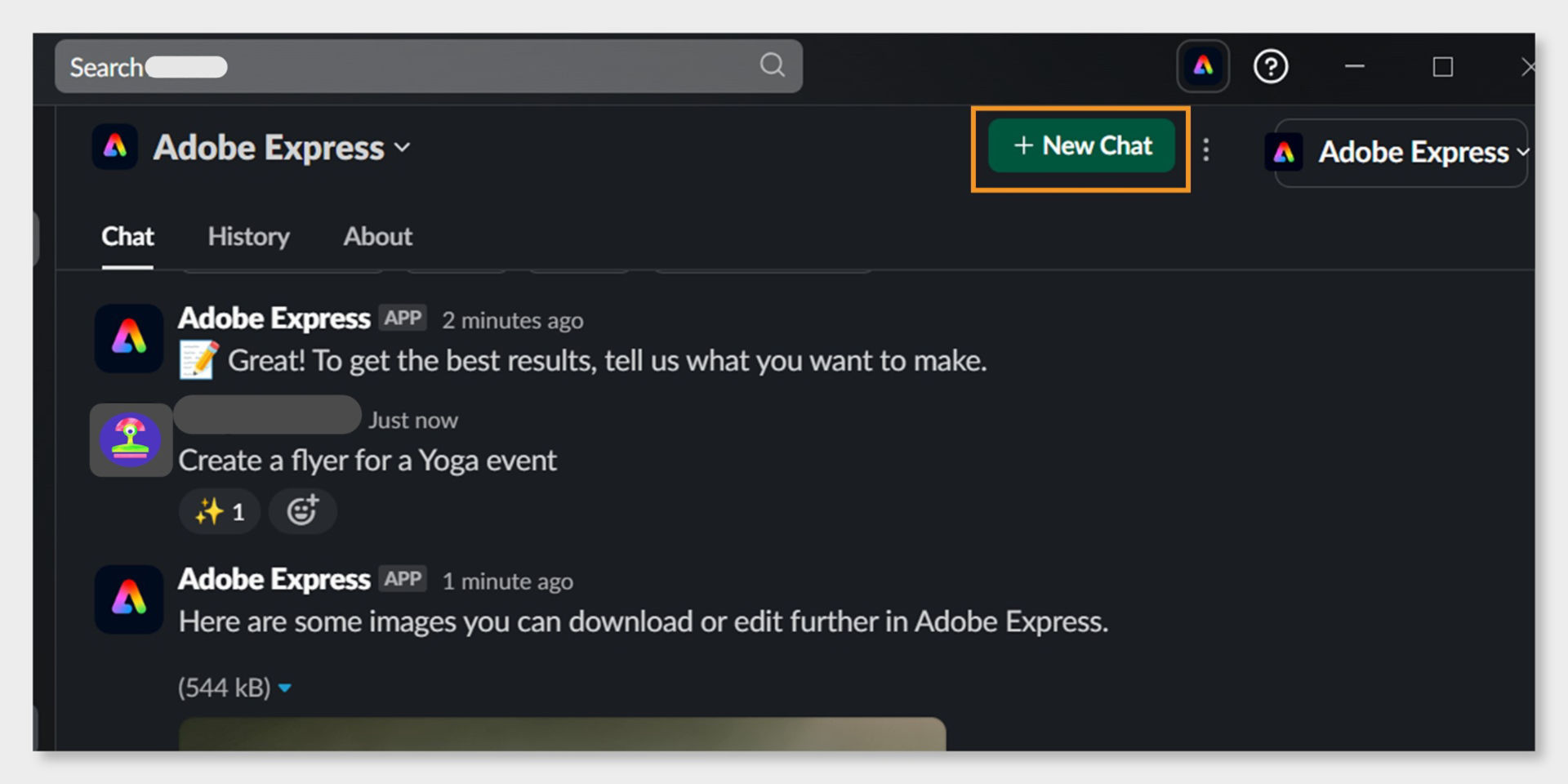 Slack chat app with the Adobe Express app were the user is requesting to create a flyer for a yoga event. The new chat button is highlighted.